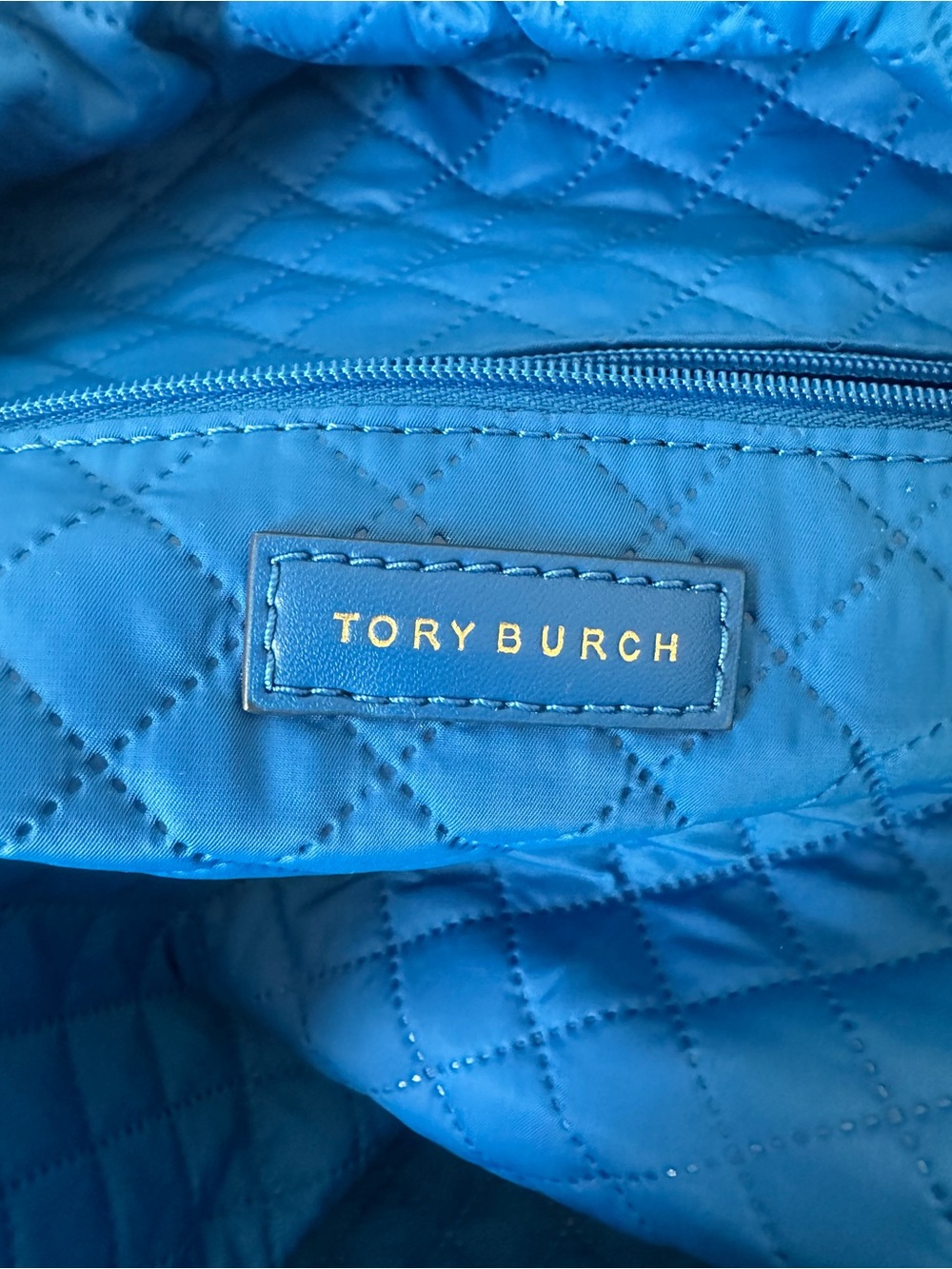 Tory Burch Navy Backpack with Bright Blue Trim and Tan Leather Handle - Picture 12 of 14